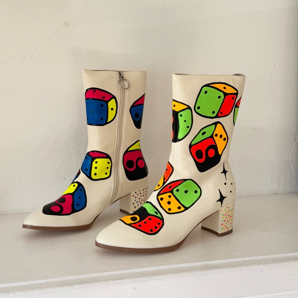 𓆩♡𓆪 Hand Painted Dice Print Leather Go-Go Boots 𓆩♡𓆪